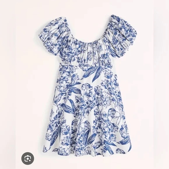 Abercrombie & Fitch Blue and White Ruched Puff Sleeve Dress - Picture 1 of 2